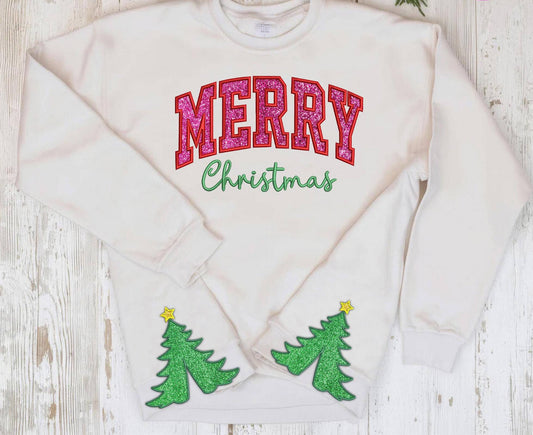 Glitter Merry Xmas Tree Bow, Embroidered Side Bow Sweatshirt