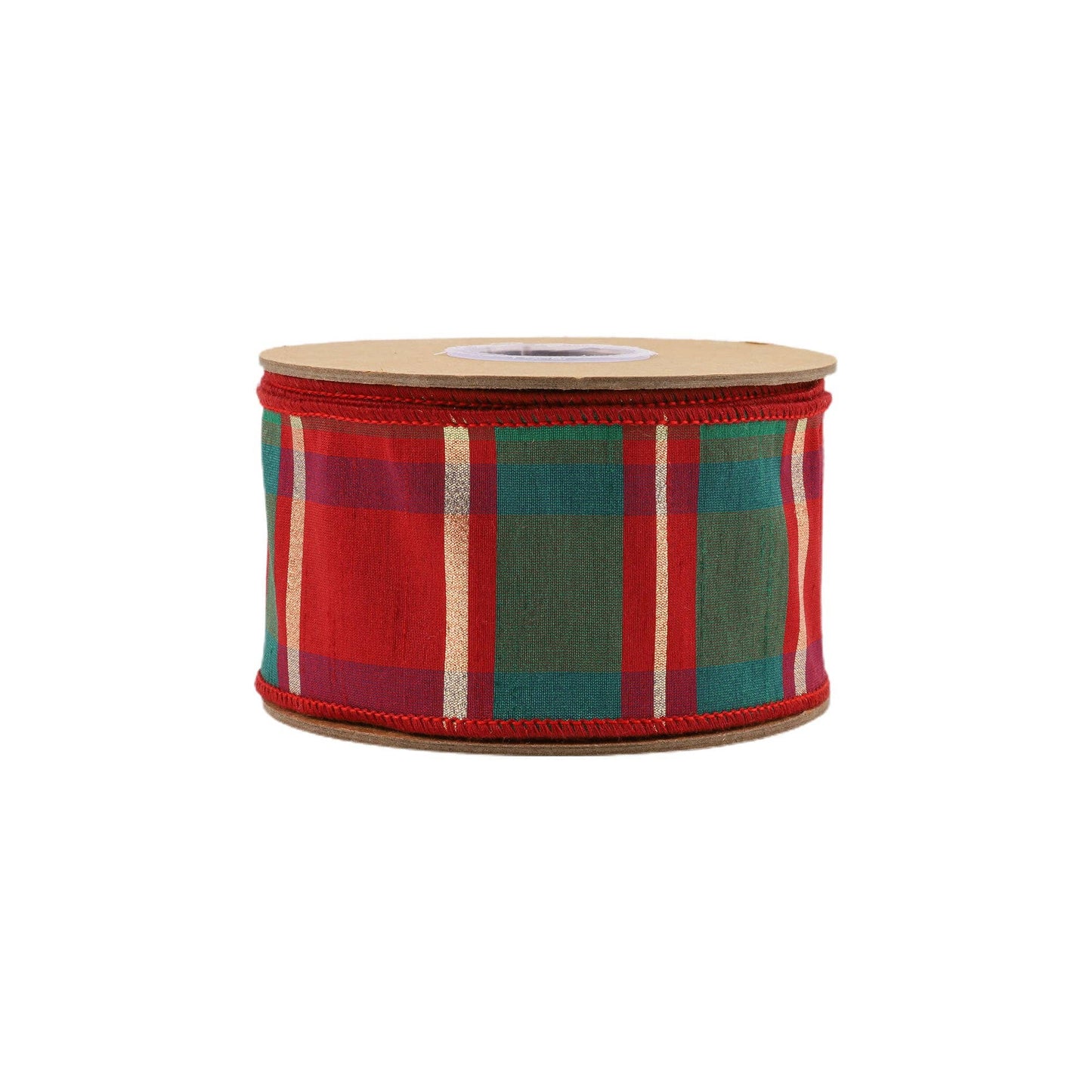 LA Ribbons Wholesale - 2 1/2" Wired Dupioni Ribbon | Red/Green/Gold Plaid Check | 10 Yard Roll