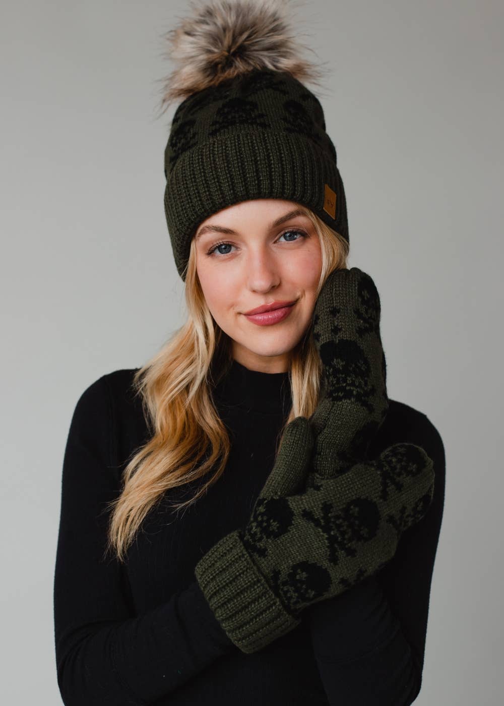Panache Apparel Co. - Olive Skull Pattern Pom Hat