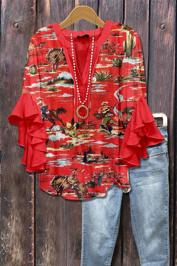Wild Western Cowboy & Floral Print Ruffle Sleeve Top