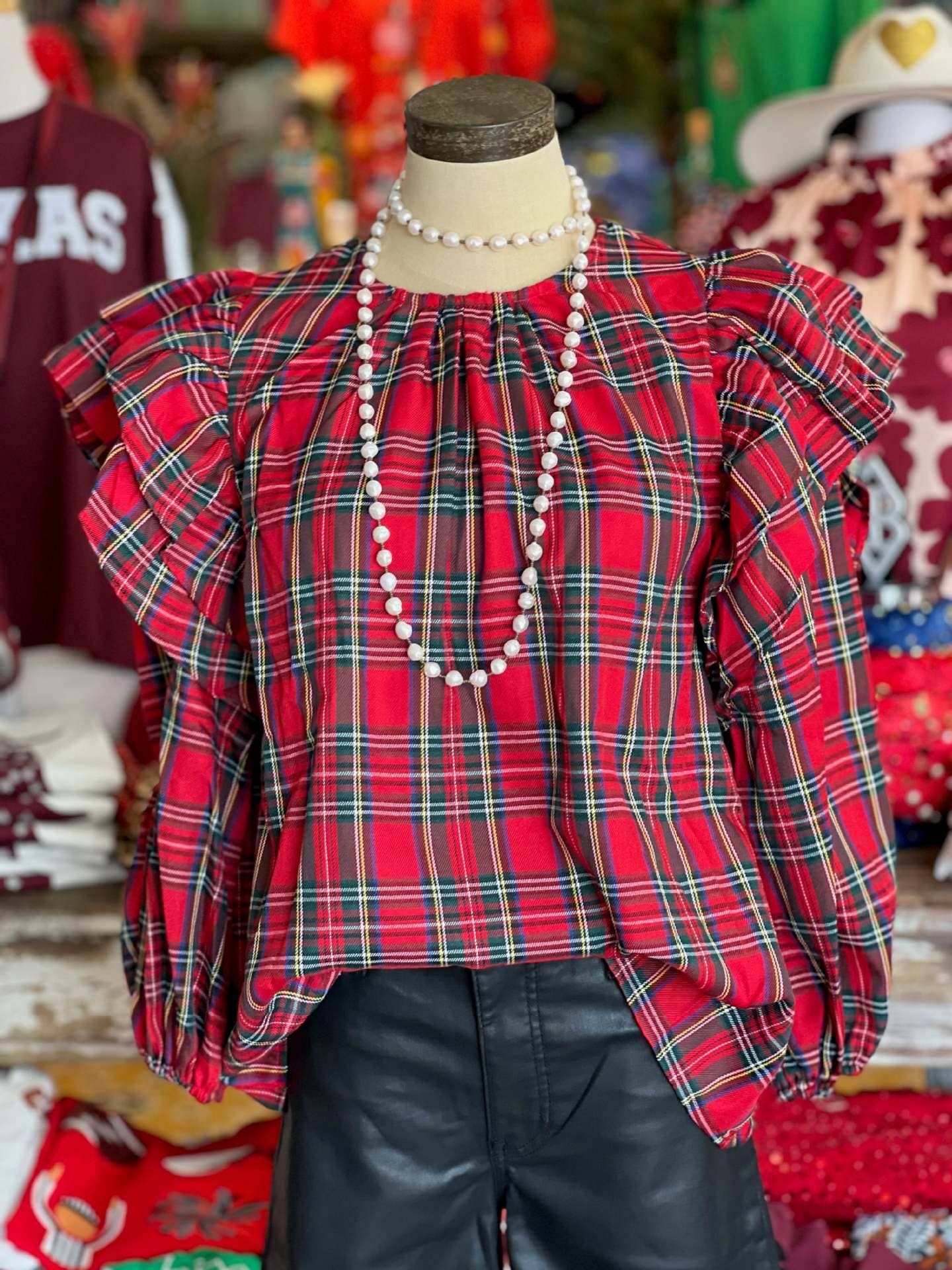 Christmas red & green plaid ruffle Balloon Sleeve blouse