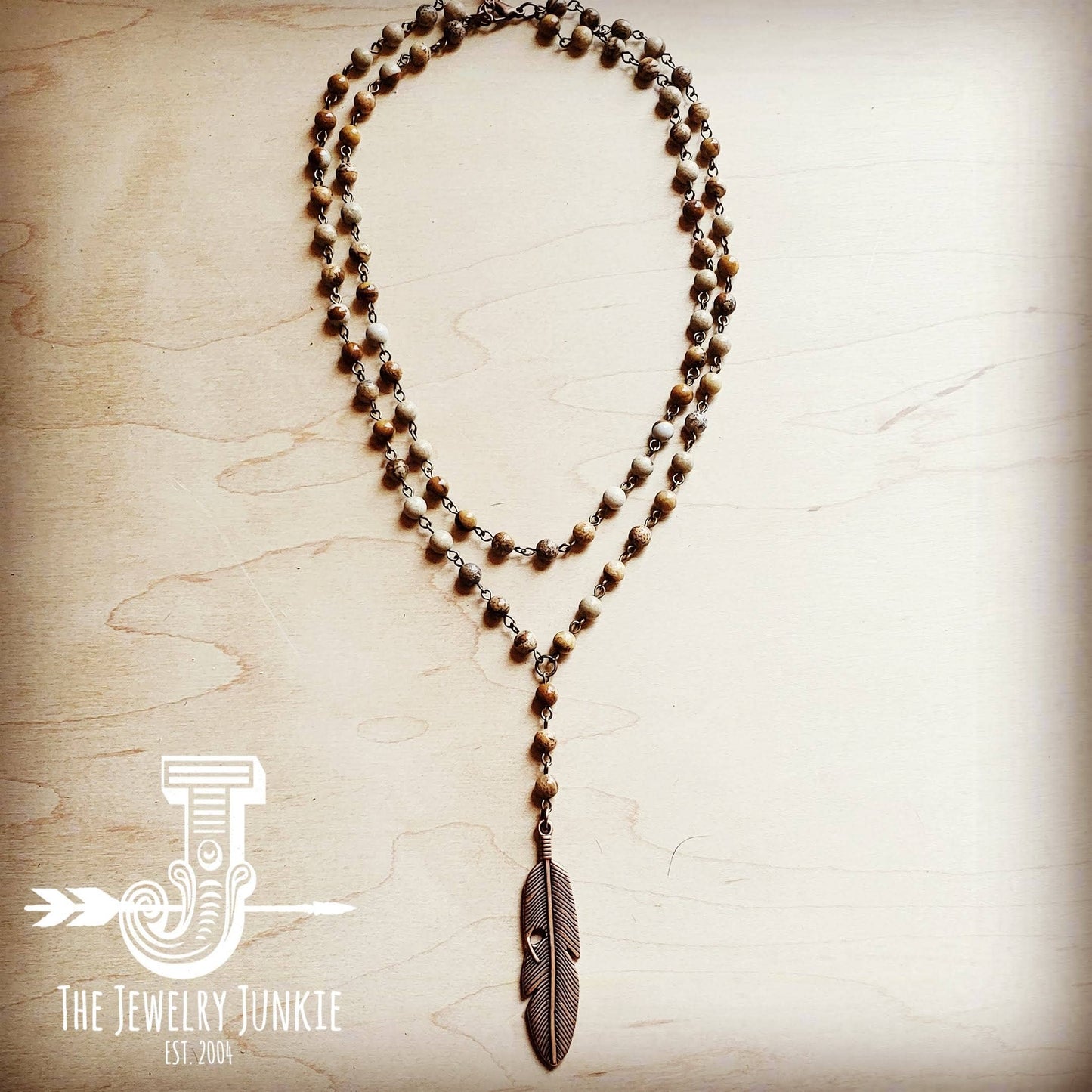 Double Strand Lariat Picture Jasper Necklace w/ Feather