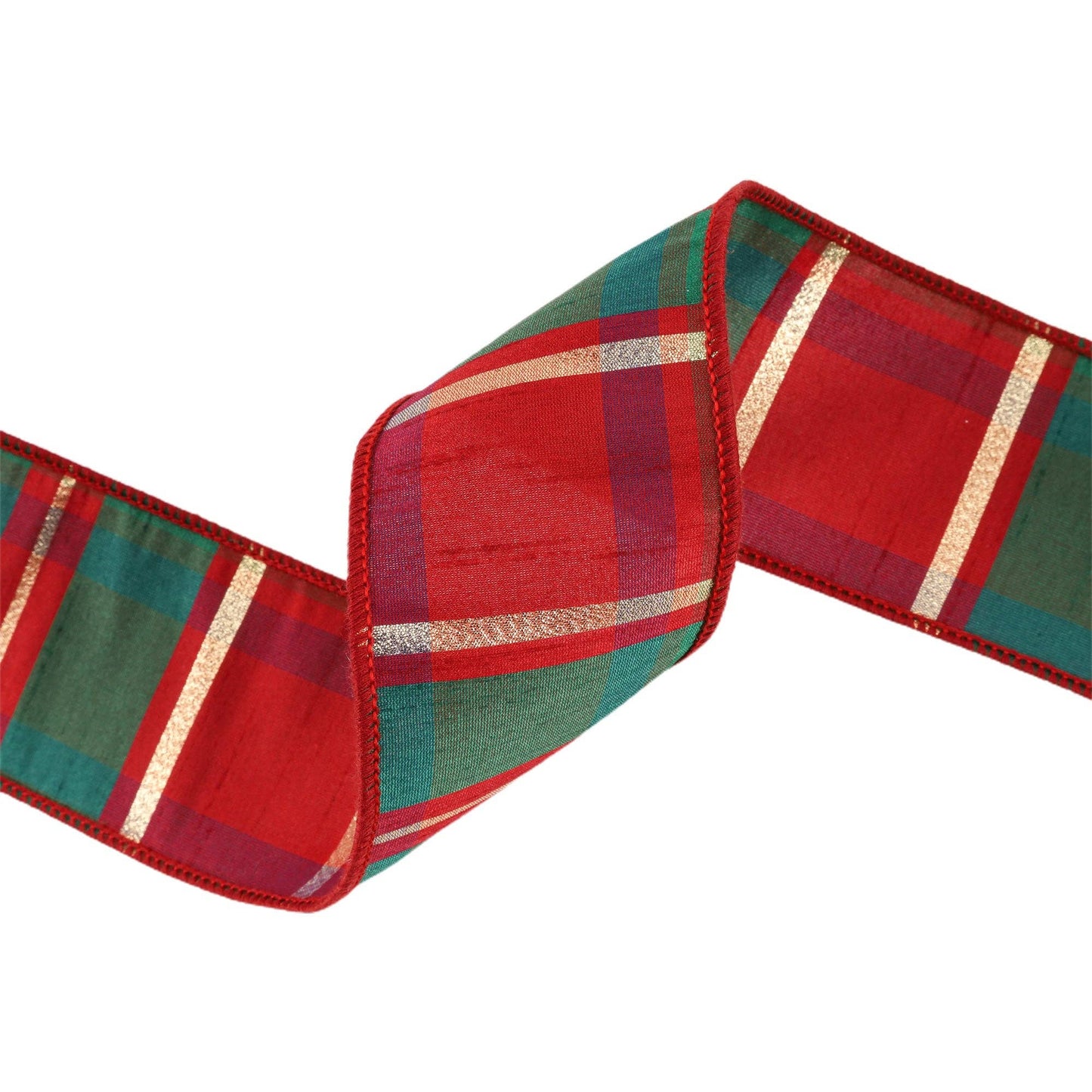 LA Ribbons Wholesale - 2 1/2" Wired Dupioni Ribbon | Red/Green/Gold Plaid Check | 10 Yard Roll