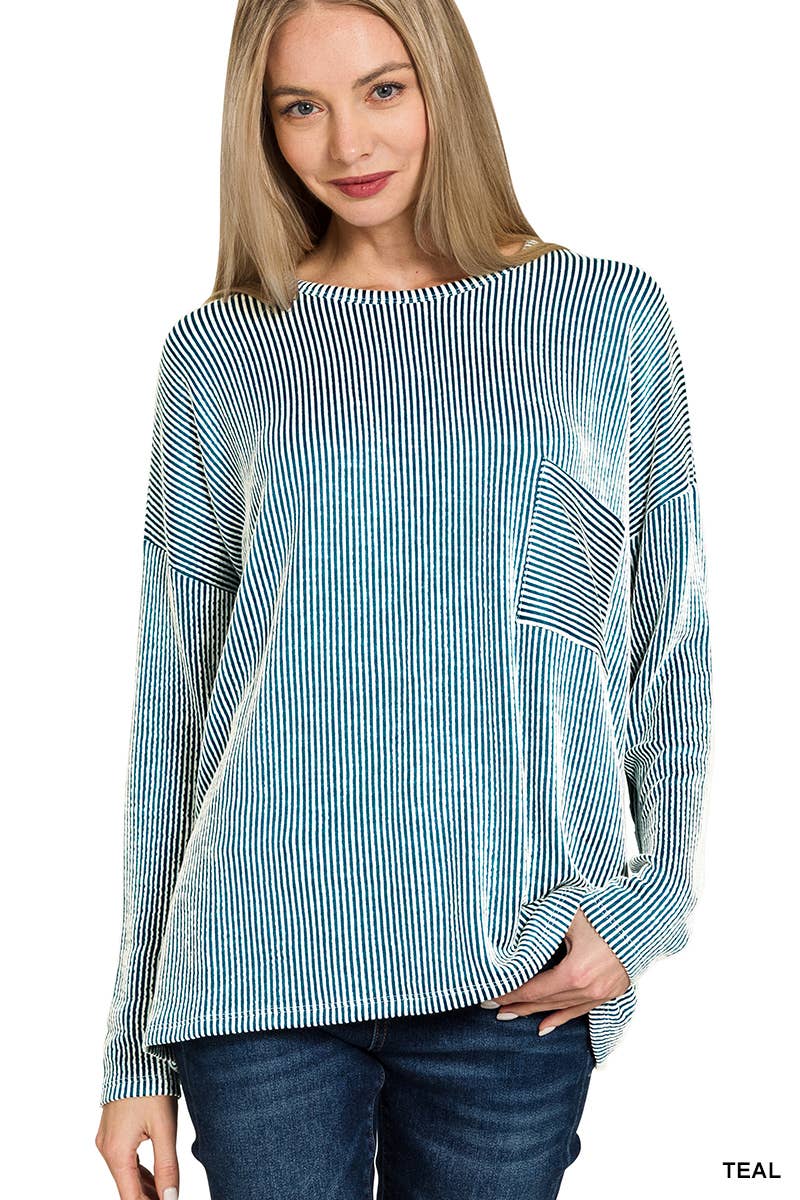 '...._ Ribbed Striped Oversized Long Sleeve Top