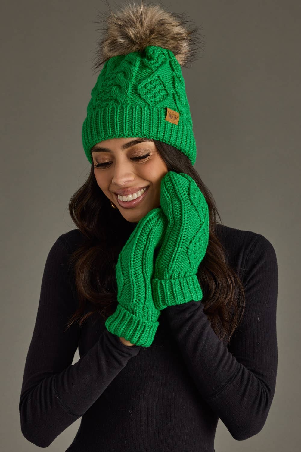 Panache Apparel Co. - Bright Green Cable Knit Pom Hat