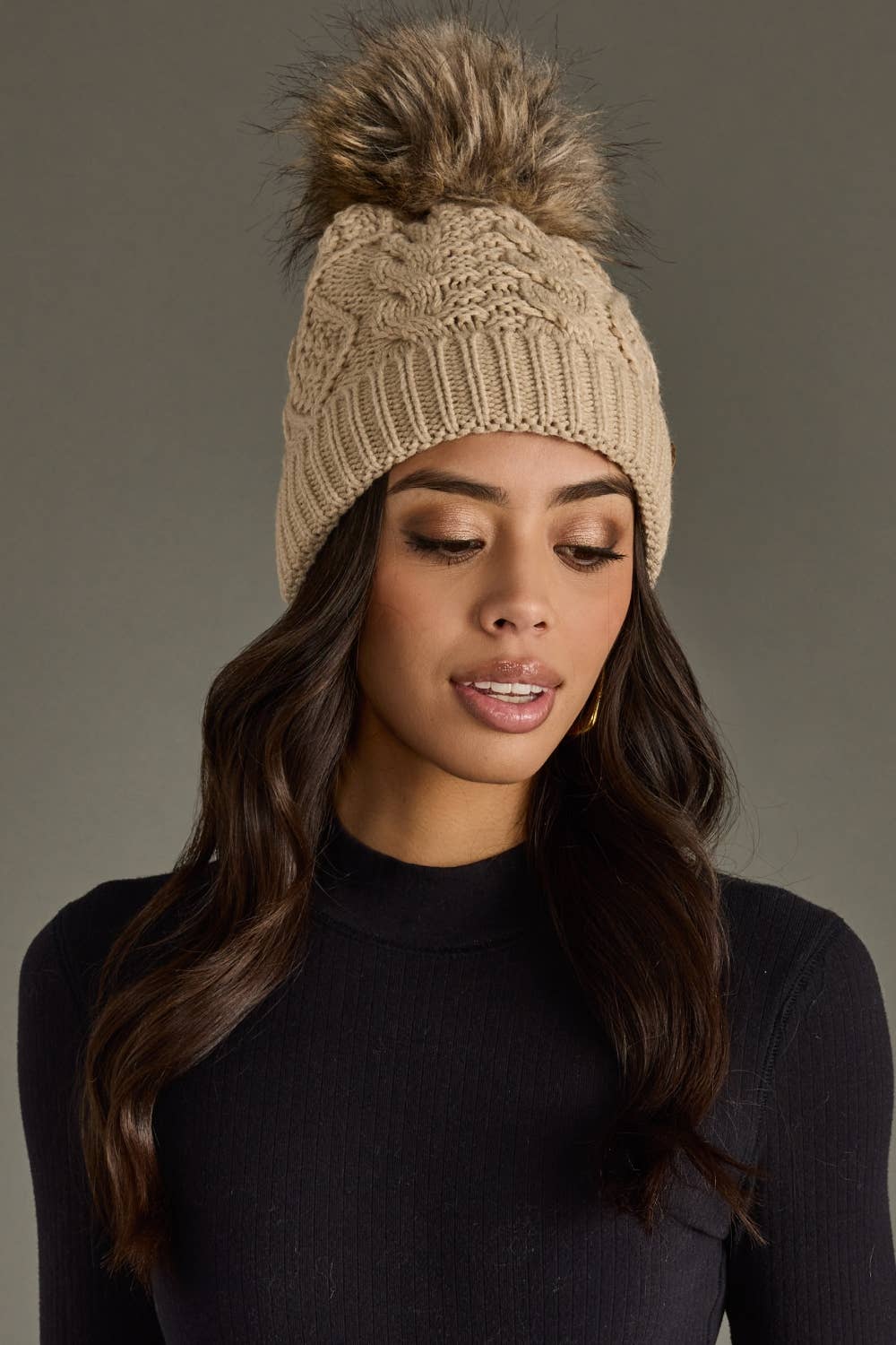 Panache Apparel Co. - Taupe Cable Knit Pom Hat