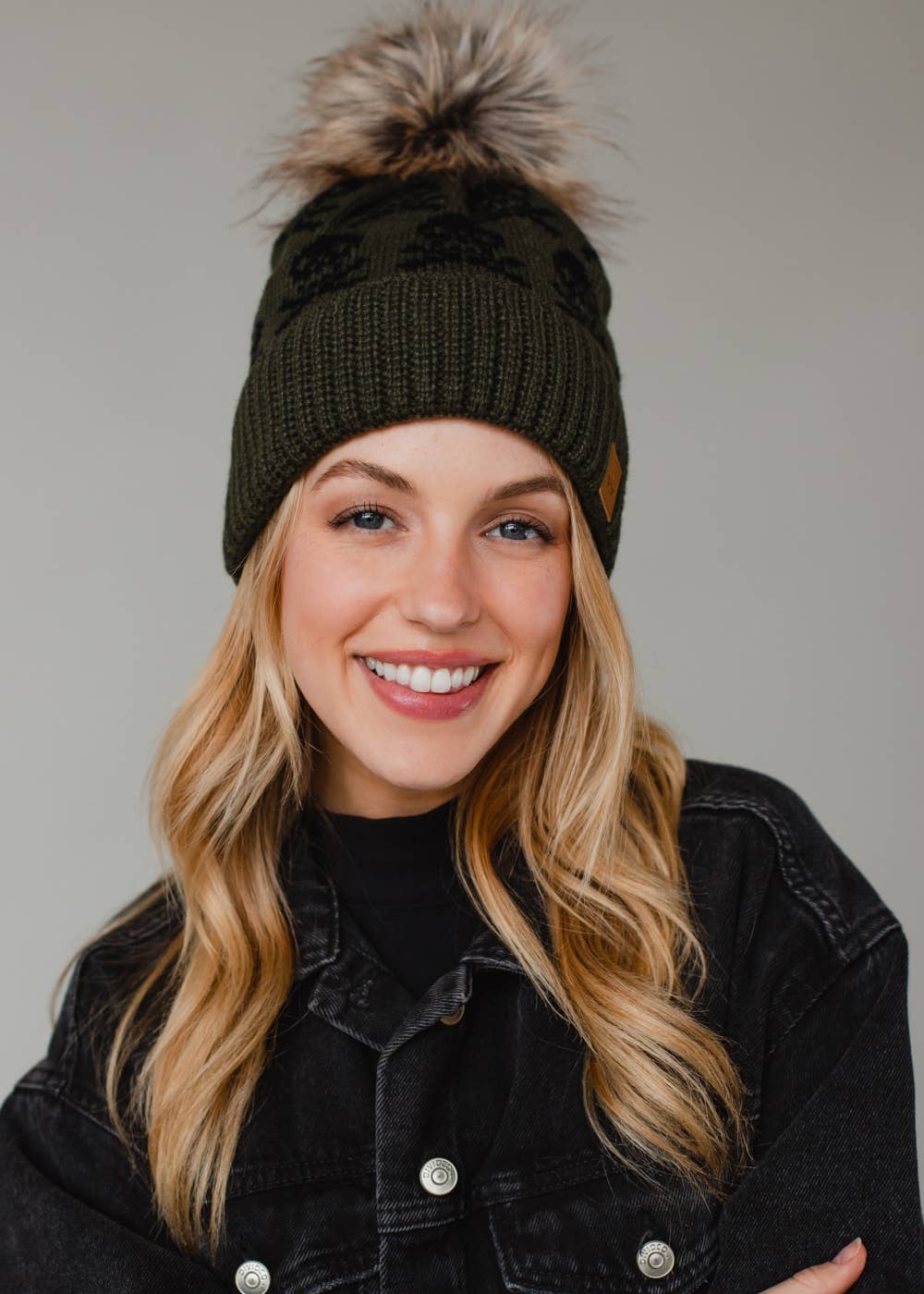 Panache Apparel Co. - Olive Skull Pattern Pom Hat