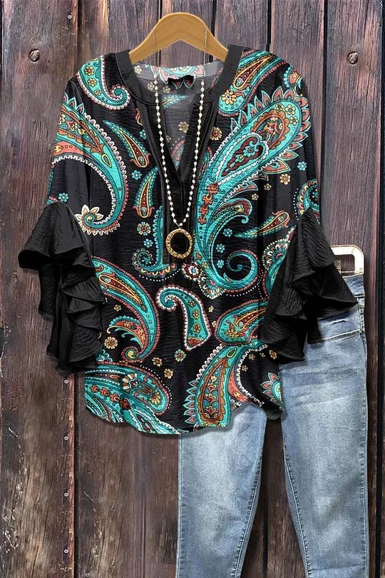 Wild Western Cowboy & Floral Print Ruffle Sleeve Top