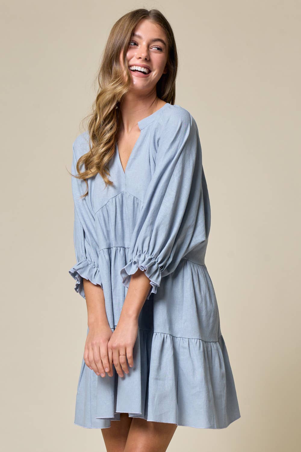 SD2438A BLUE LINEN TIER WESTERN DRESS