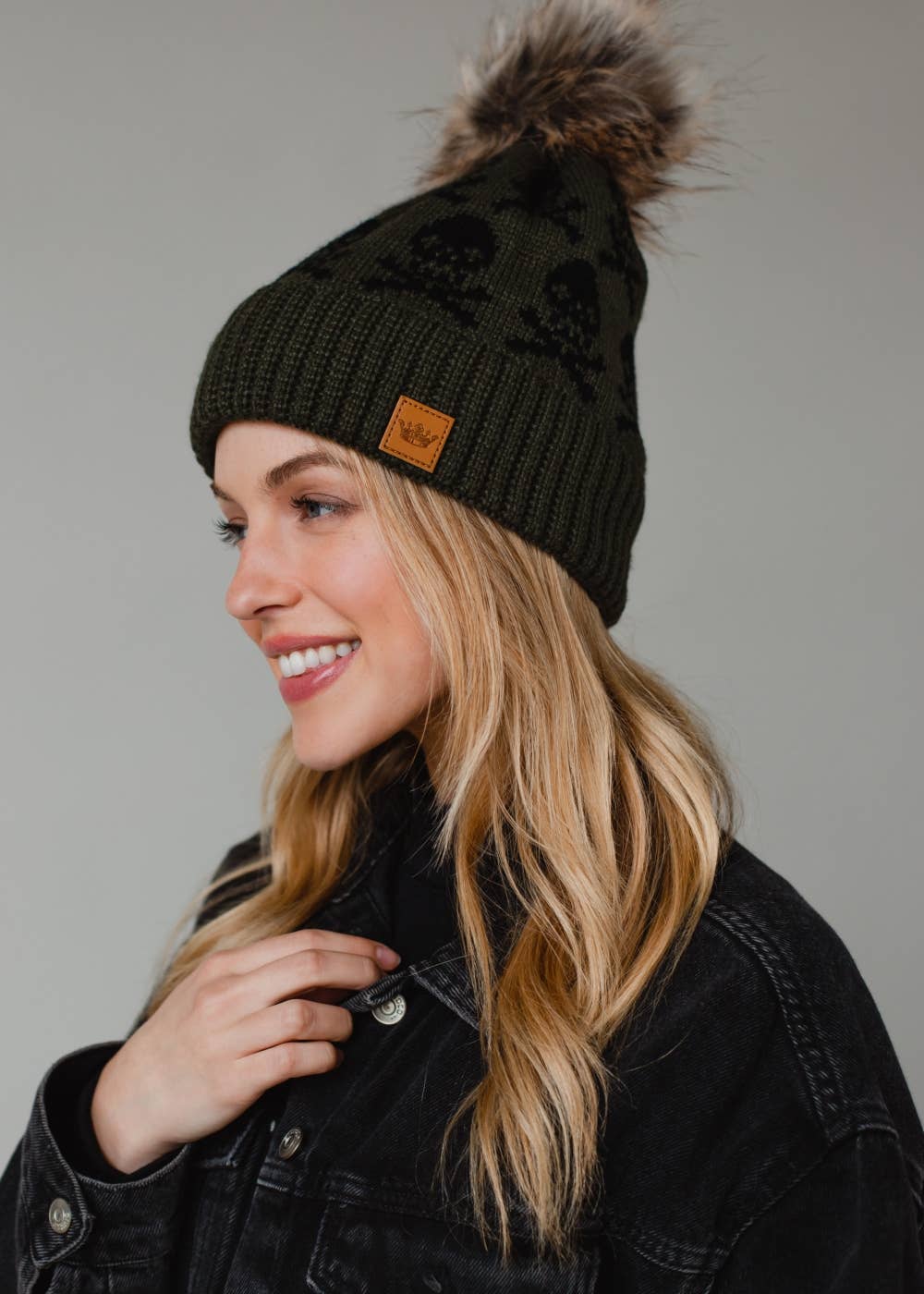 Panache Apparel Co. - Olive Skull Pattern Pom Hat