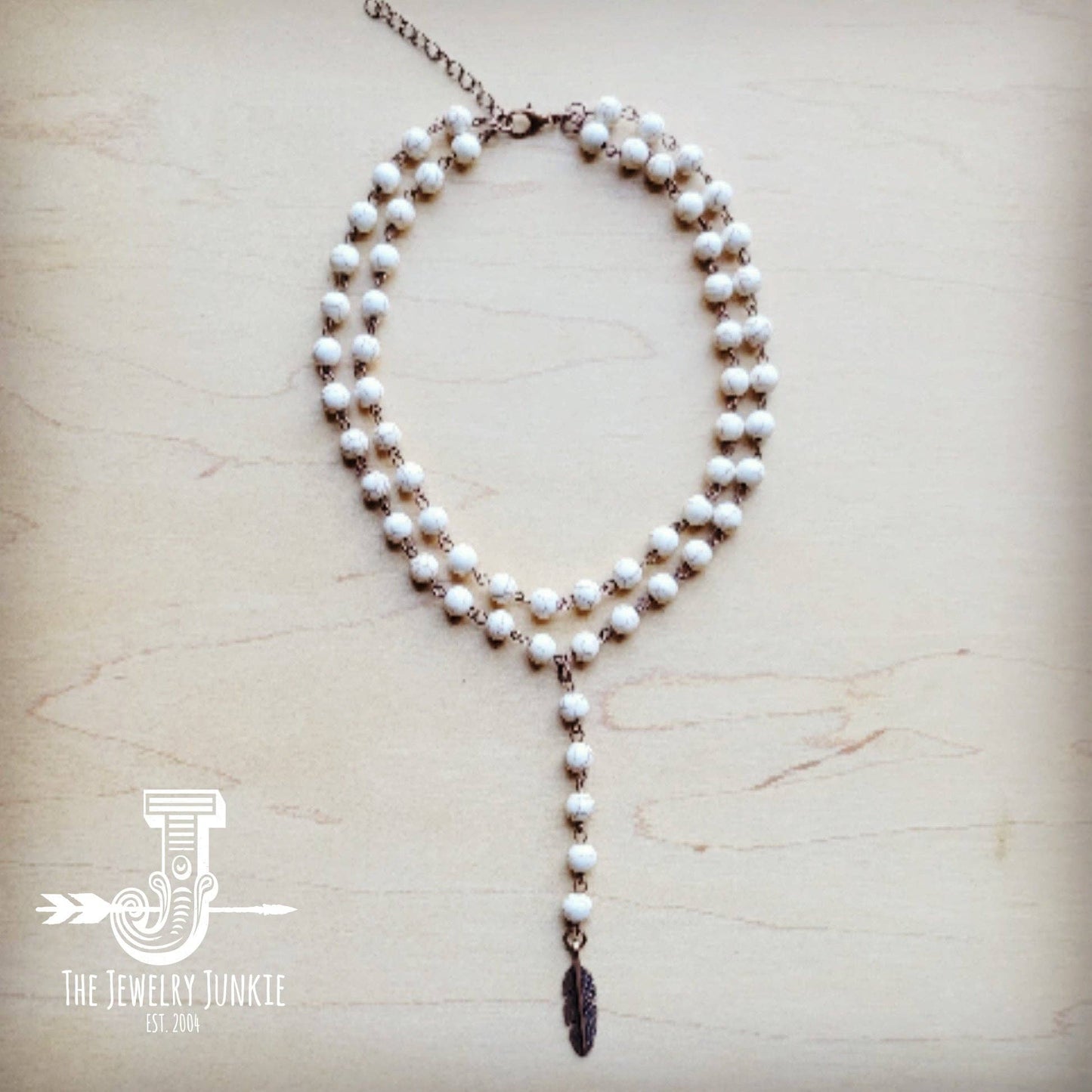 Double Strand Lariat White Turquoise Necklace Feather Charm