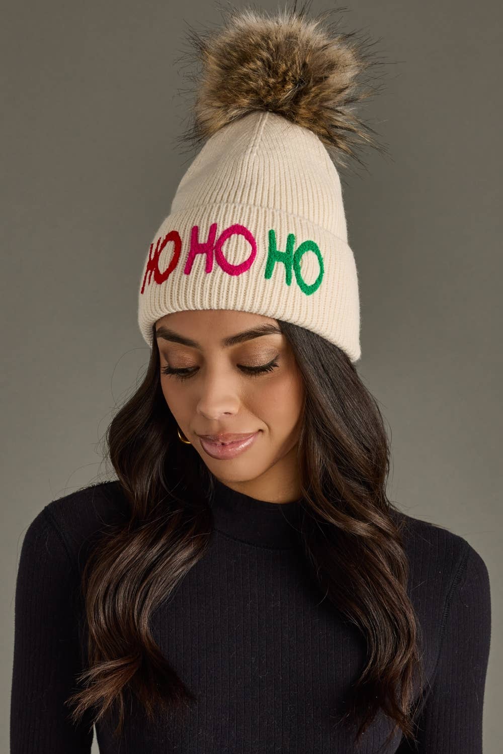 Panache Apparel Co. - Beige Ho Ho Ho Knit Pom Hat