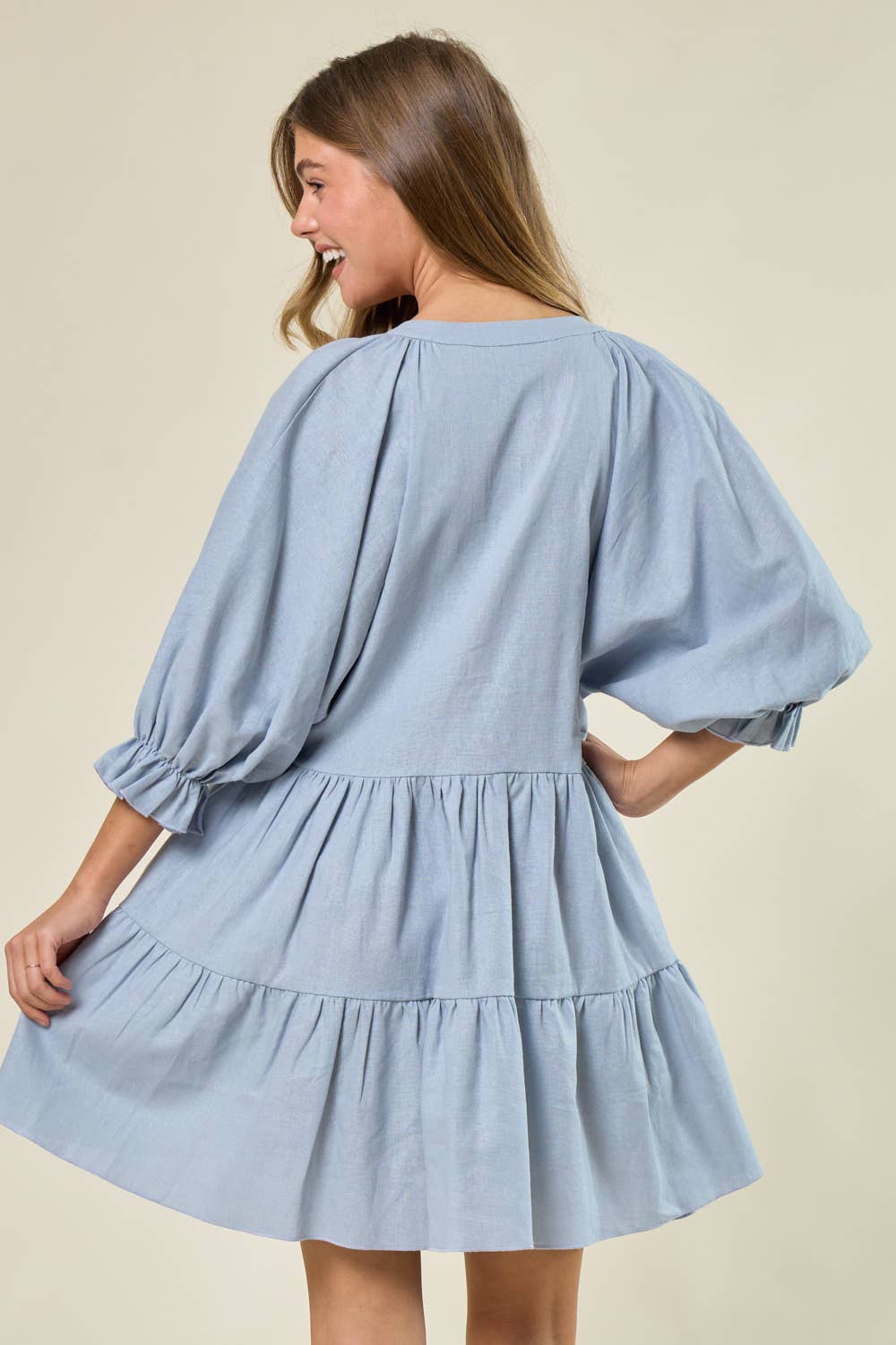 SD2438A BLUE LINEN TIER WESTERN DRESS