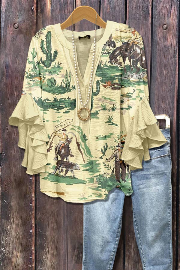 Wild Western Cowboy & Floral Print Ruffle Sleeve Top