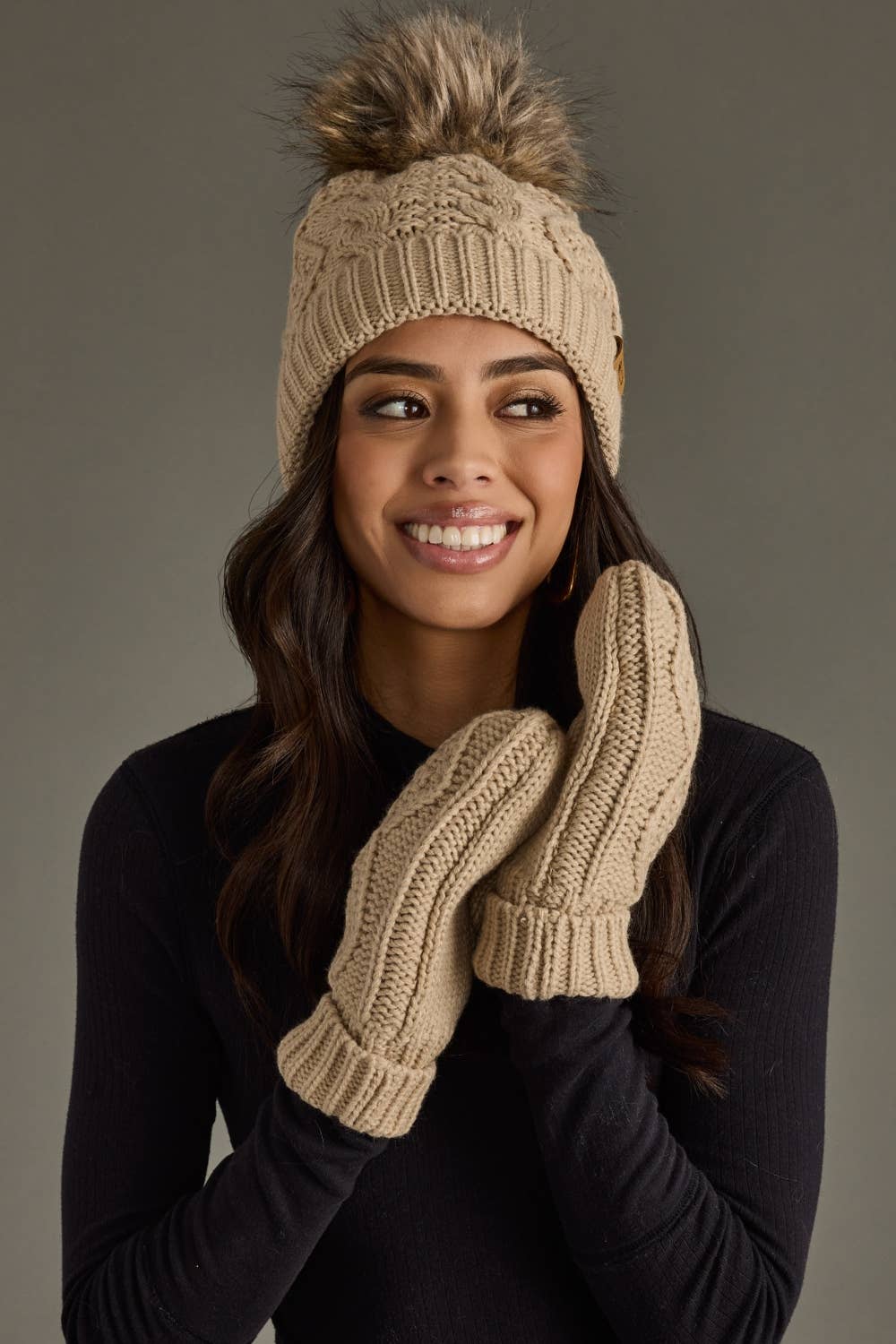 Panache Apparel Co. - Taupe Cable Knit Pom Hat
