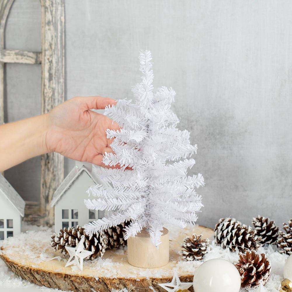 Factory Direct Craft - 12" White Artificial Canadian Pine Tree w/ Natural Wood Base