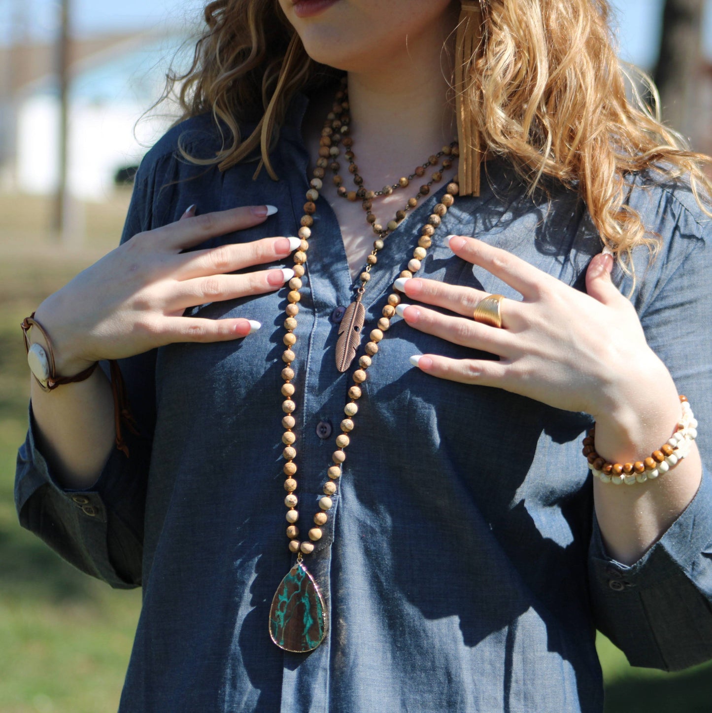 Double Strand Lariat Picture Jasper Necklace w/ Feather