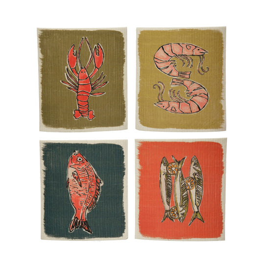 Reusable Cellulose Sponge Cloth w/ Sea Life, Multi Color, 4 Styles ©