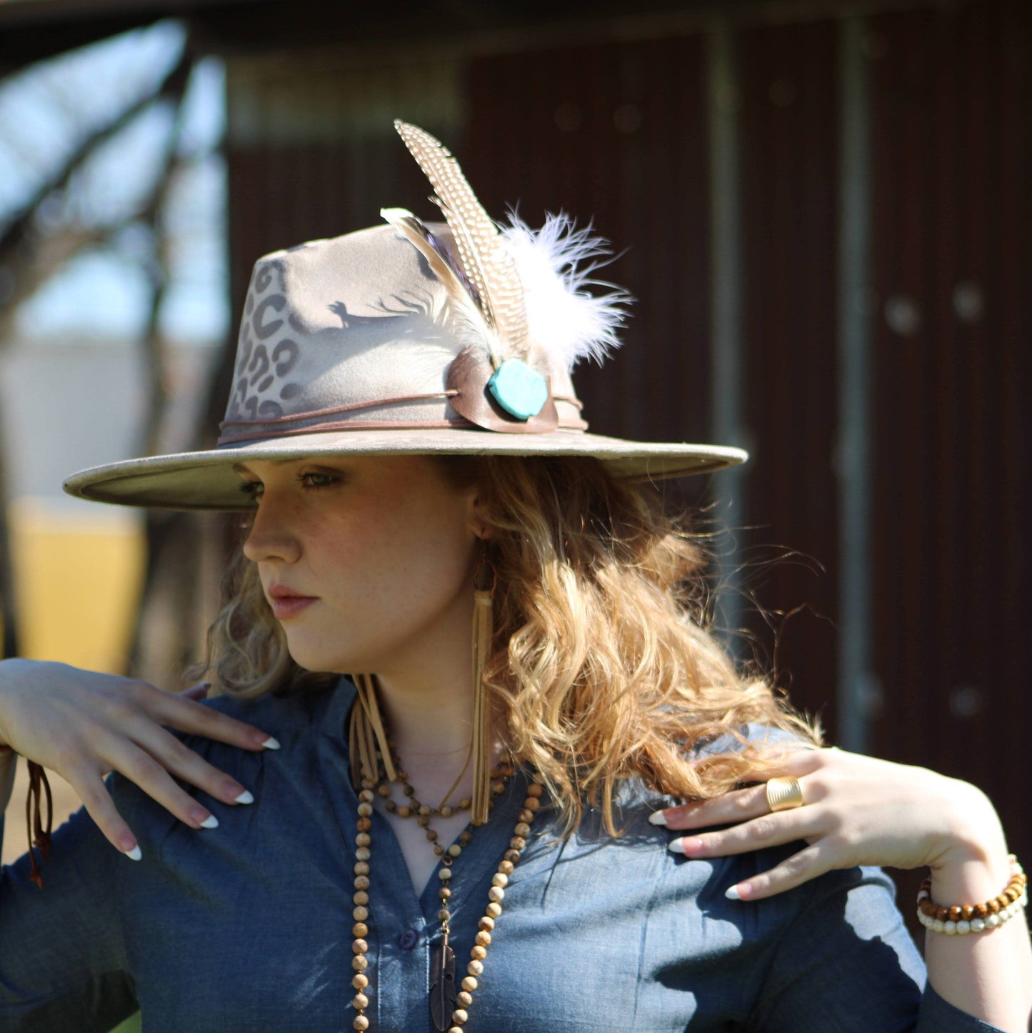 Double Strand Lariat Picture Jasper Necklace w/ Feather