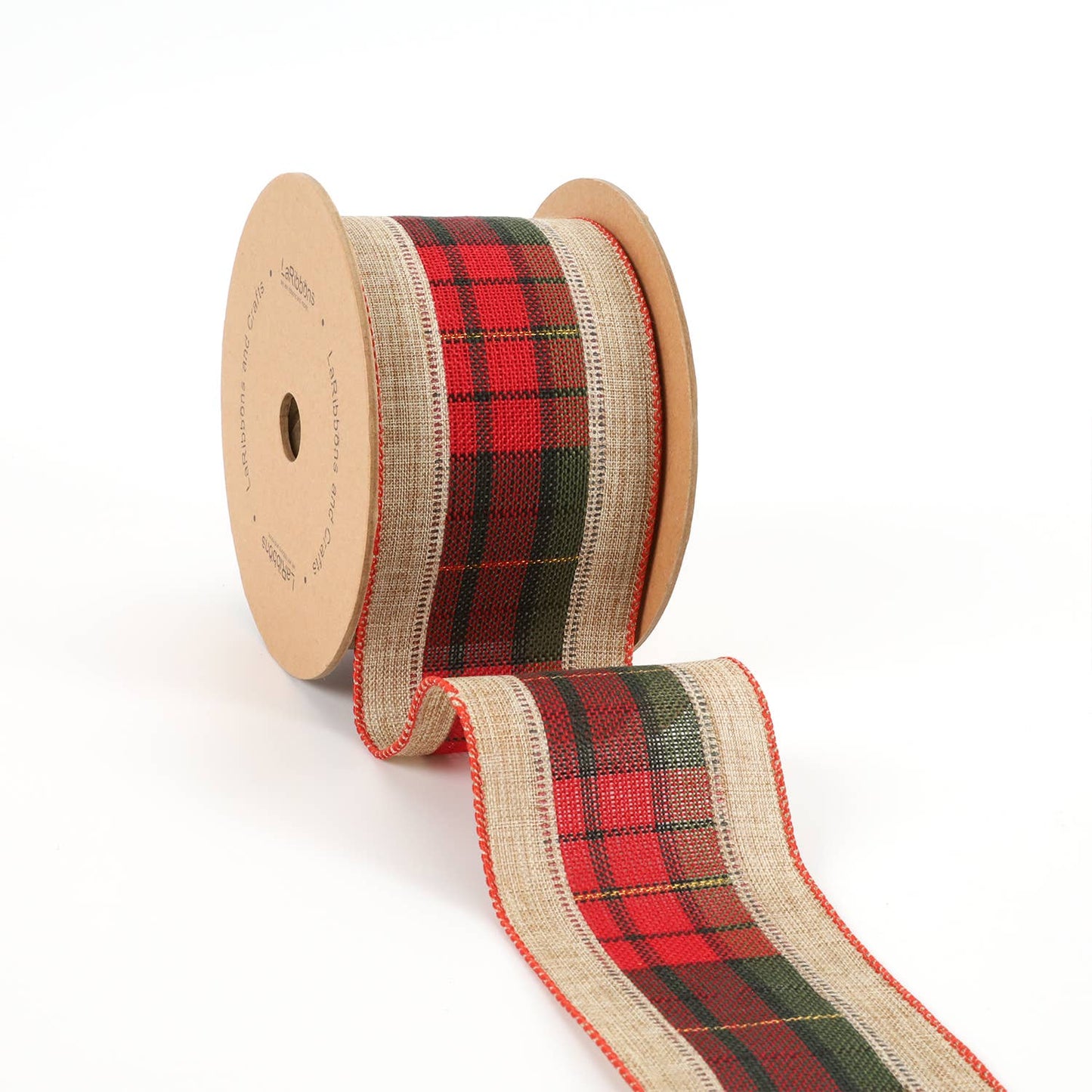 LA Ribbons Wholesale - 2 1/2" Burlap Holiday Wired Ribbon | "Plaid" Natural/Black/Red | 10 Yard Roll