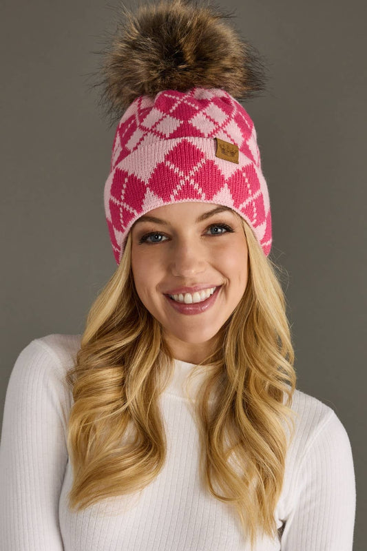 Panache Apparel Co. - Pink & Blush Argyle Pattern Pom Hat