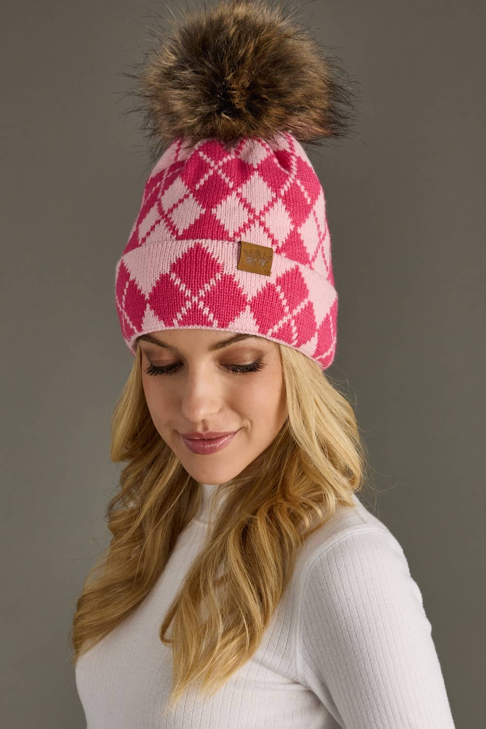 Panache Apparel Co. - Pink & Blush Argyle Pattern Pom Hat