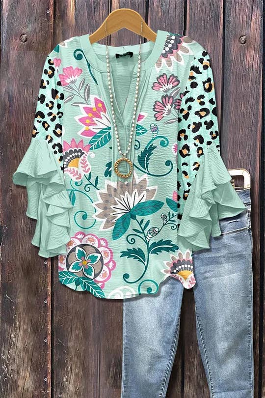 Wild Western Cowboy & Floral Print Ruffle Sleeve Top