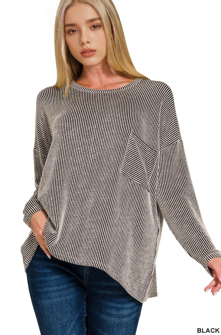 '...._ Ribbed Striped Oversized Long Sleeve Top