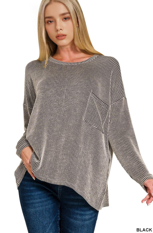 '...._ Ribbed Striped Oversized Long Sleeve Top