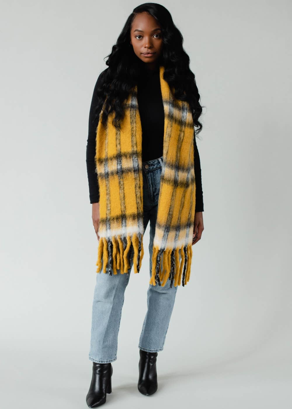 Panache Apparel Co. - Mustard Plaid Long Scarf with Fringe
