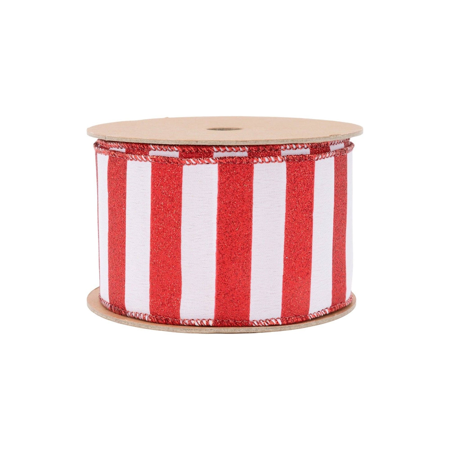 LA Ribbons Wholesale - Red Glittered Stripes on White Wired Ribbon, 10 Yard Roll