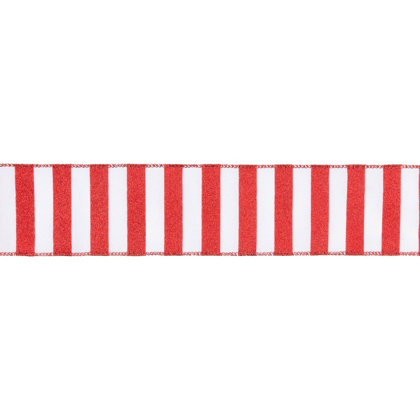 LA Ribbons Wholesale - Red Glittered Stripes on White Wired Ribbon, 10 Yard Roll