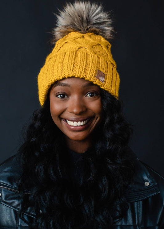 Panache Apparel Co. - Mustard Diamond Cable Knit Pom Hat