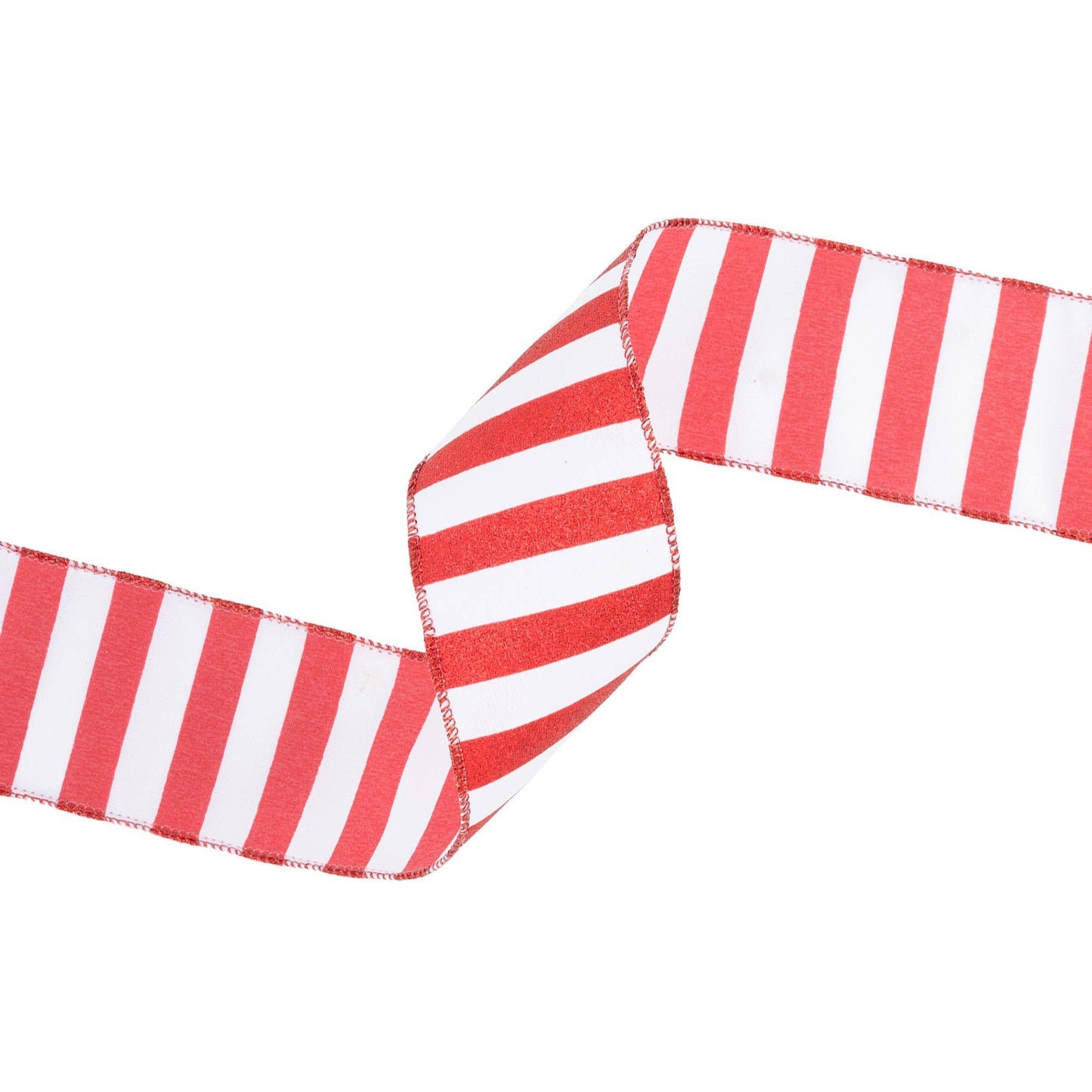 LA Ribbons Wholesale - Red Glittered Stripes on White Wired Ribbon, 10 Yard Roll