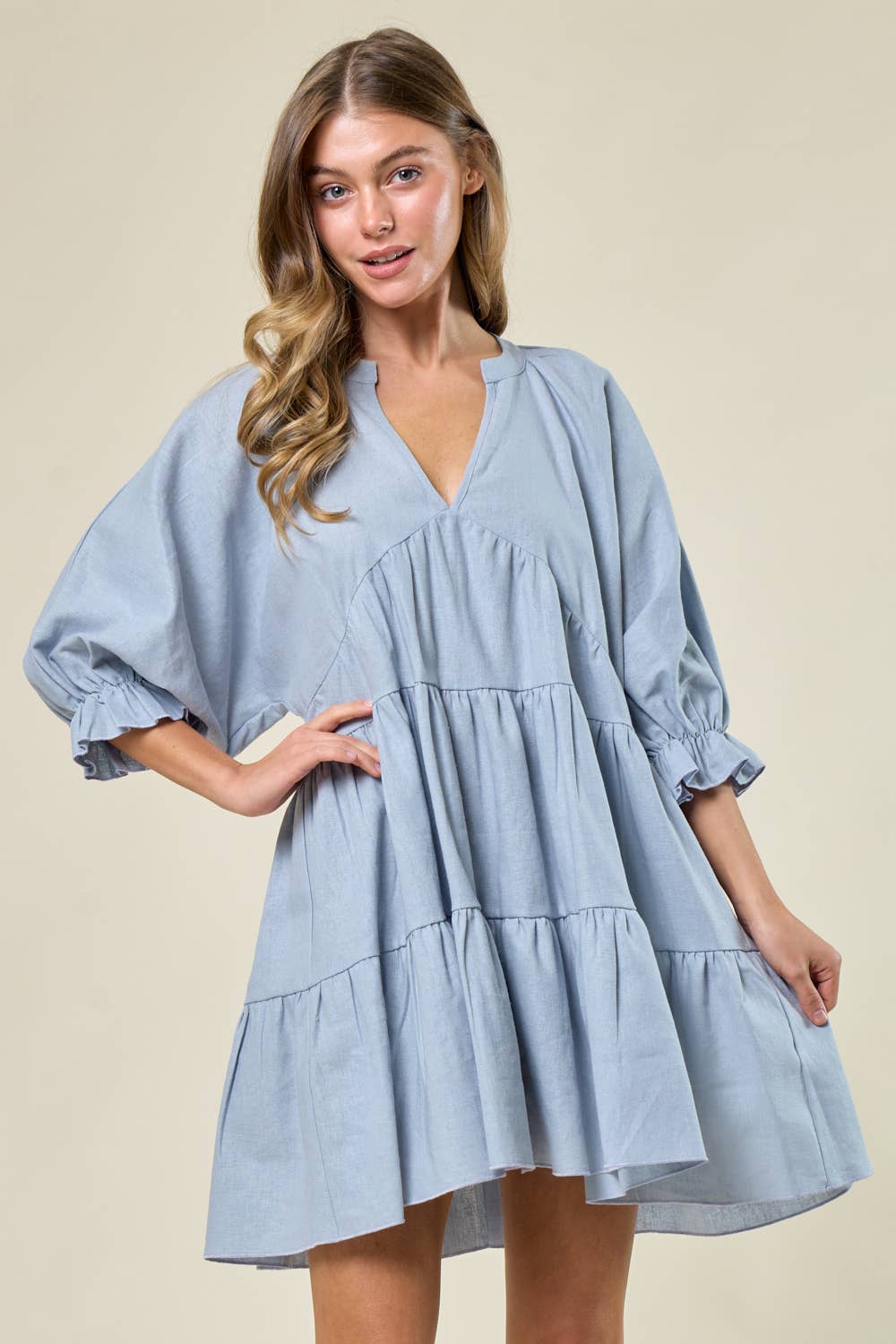SD2438A BLUE LINEN TIER WESTERN DRESS