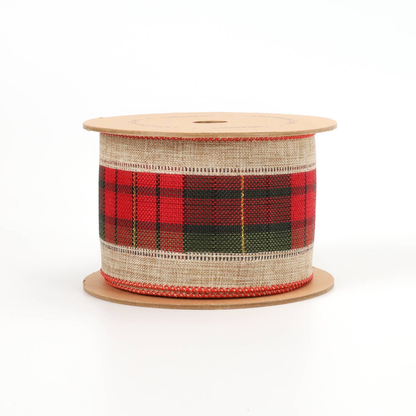 LA Ribbons Wholesale - 2 1/2" Burlap Holiday Wired Ribbon | "Plaid" Natural/Black/Red | 10 Yard Roll