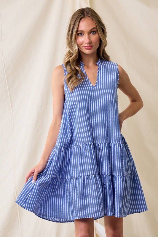 SD2569A STRIPE WESTERN PREPPY S/L SEARSUCKER TIER  DRESS