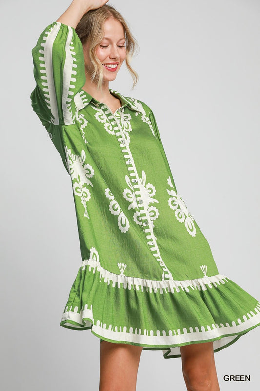 Border Print Tiered Hem Dress|15925