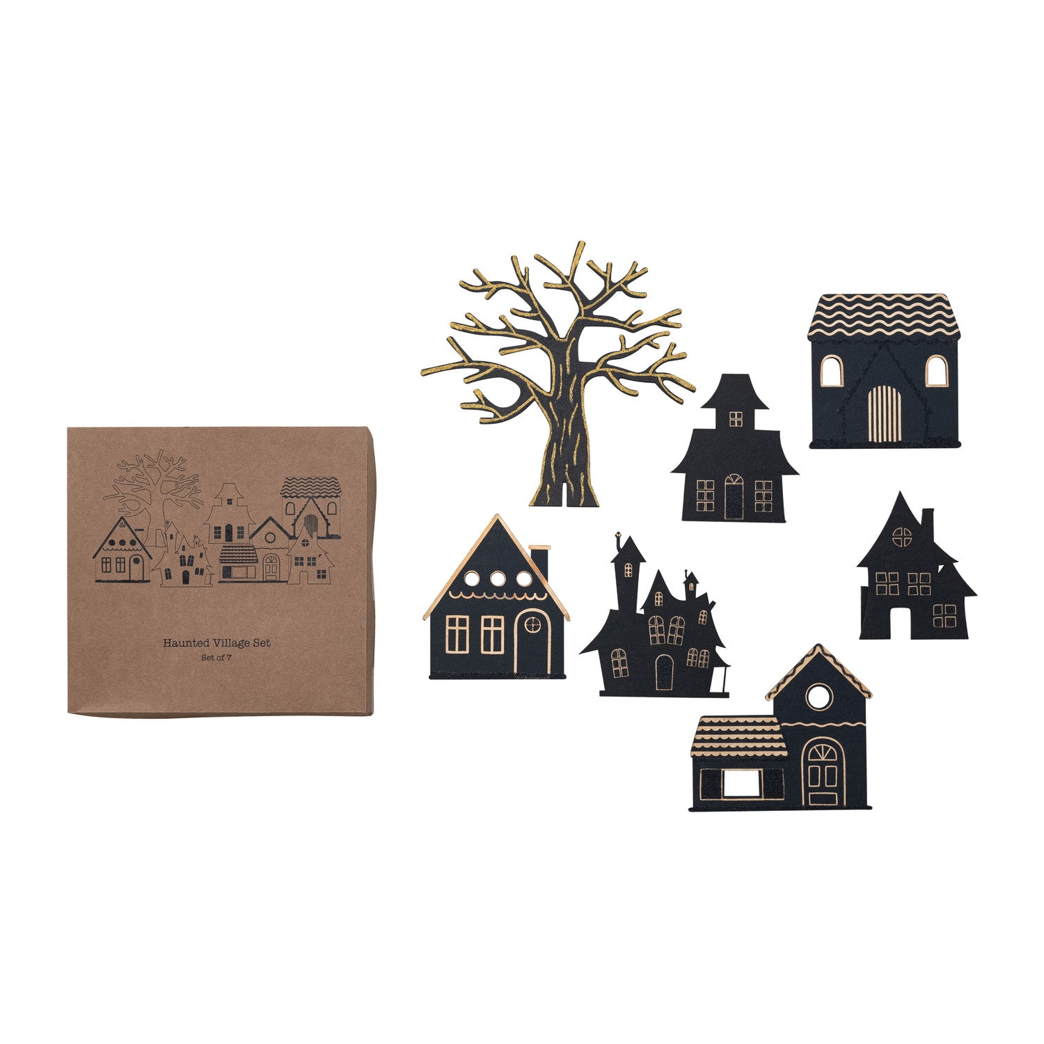 Printed MDF Standing Haunted Village with Glitter, Boxed Set of 7