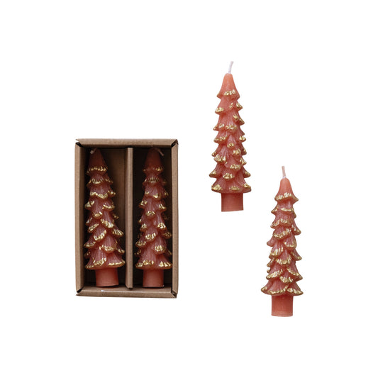 Unscented Tree Shaped Taper Candles w/ Gold Tips in Box, Coral Color, Set of 2