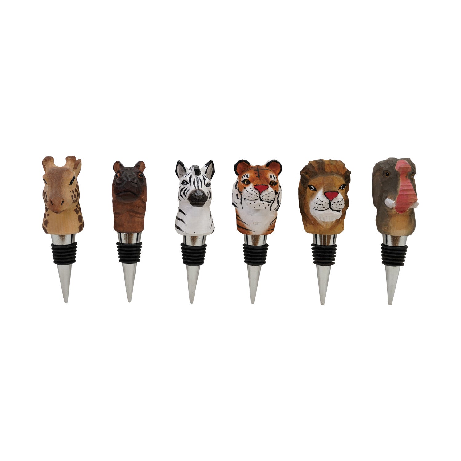 Hand-Carved Wood Bottle Stopper with Safari Animal, 6 Styles