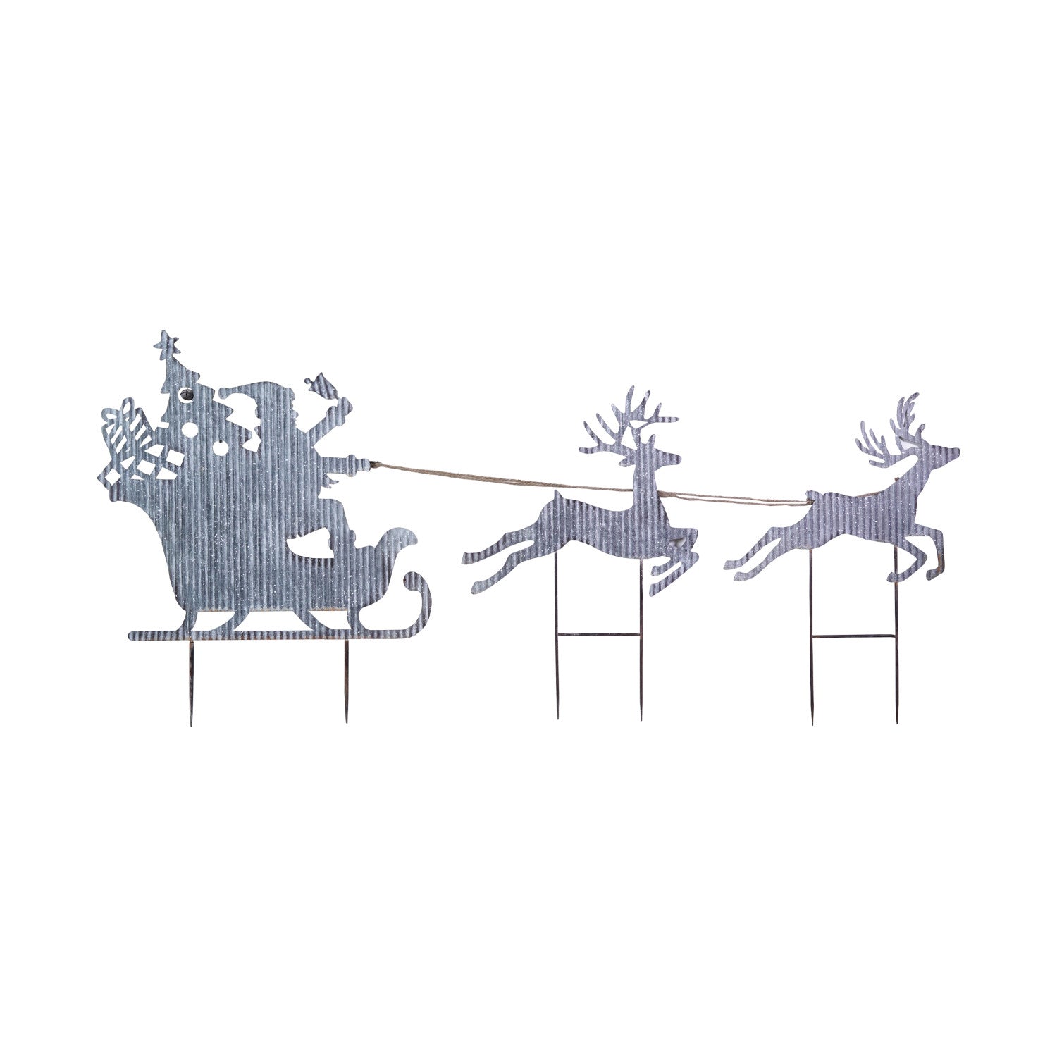Metal Yard Stake with Santa In Sleigh, Reindeer & Jingle Bells